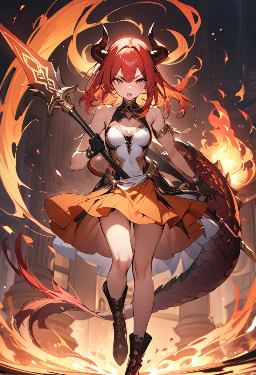 (masterpiece:1.2), (highest quality:1.2), 1girl, fire, solo, holding, tail, weapon, horns, polearm, holding-weapon, dragon-tail, dragon-girl, orange-hair, gloves, dress, holding-polearm, dragon-horns, white-dress, spear, looking-at-viewer, black-gloves, standing, bare-shoulders, full-body, red-hair, bangs, open-mouth, armlet, breasts, brown-eyes, scales, small-breasts, black-footwear, fiery-hair, hair-between-eyes, sleeveless, skirt, sleeveless-dress, jewelry, v-shaped-eyebrows, boots, orange-skirt
