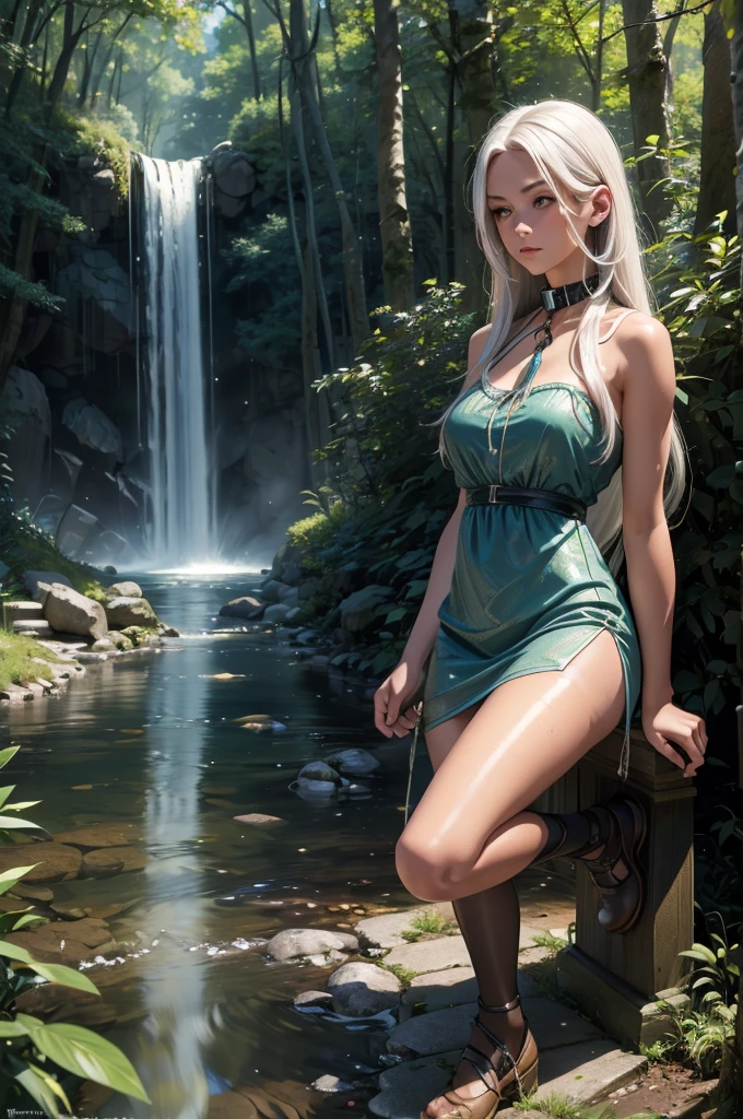 Reine is nude and posed seductively standing in a river that runs through a gorgeous forest. The scene and character are ultra detailed with realistic shading, lighting, and beautiful colors. nipples, breasts, pussy, nude, river, 