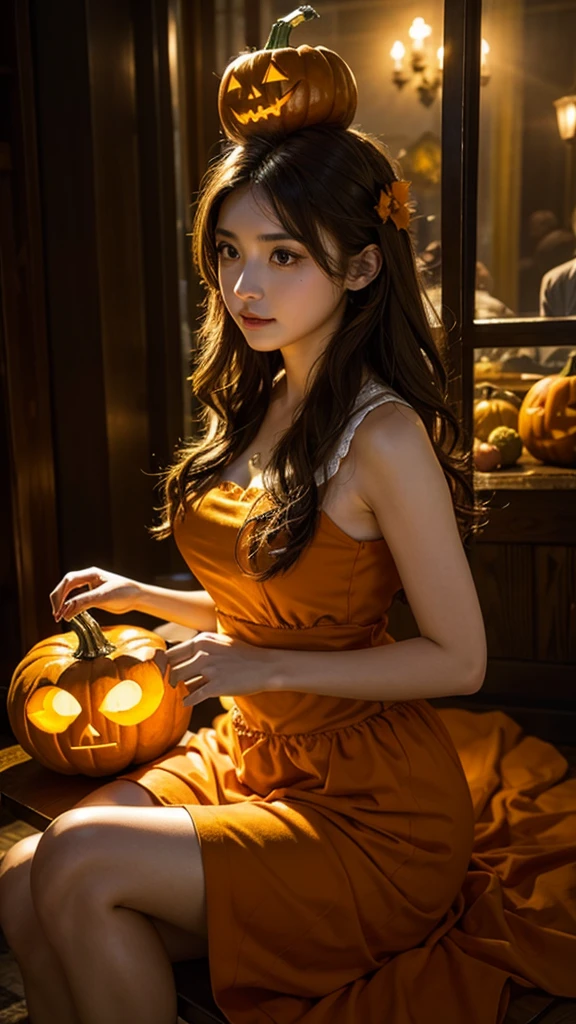 Putting a pumpkin on his head、Girl in a dress