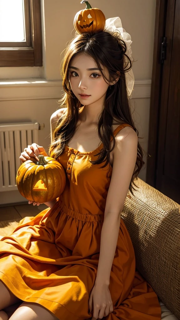 Putting a pumpkin on his head、Girl in a dress