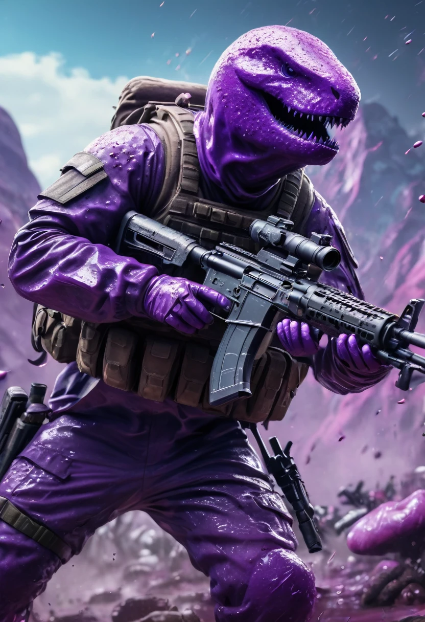 wolf's army, armed with AK-47, with combat uniform, fighting a giant slime, purple slime, 3D image, ultra realistic, unreal engine 5, playstation 5 graphics, extremely specific, 8k resolution, best quality, ultra-detailed, (photorealistic), extremely delicate and beautiful, ultra high res, professional lighting, depth of field, film grain, physically-based rendering,