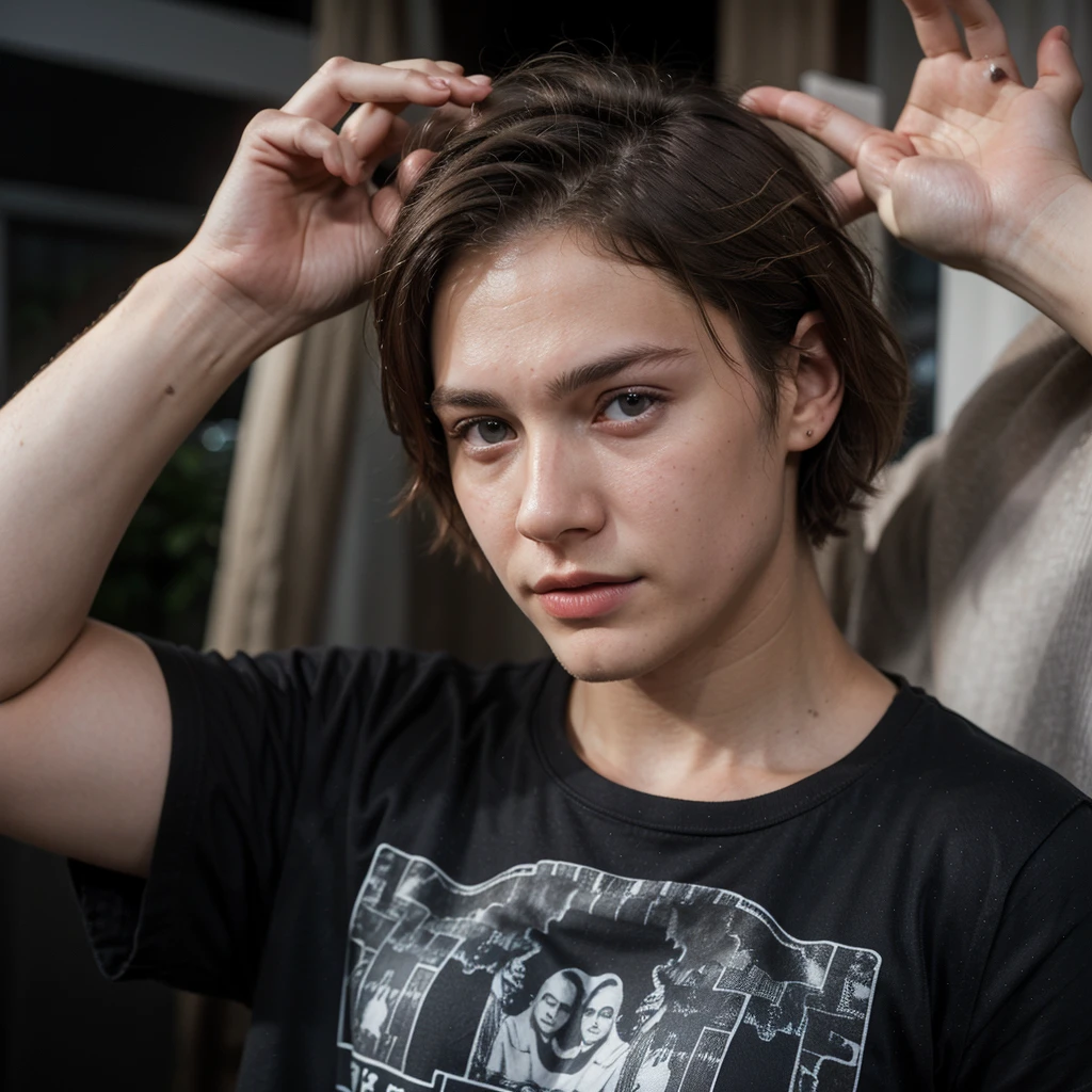 hyperrealistic man Chico Lachowski 18 years old, blonde hair, Blue eyes, in a black T-shirt, take a selfie. He looks very tired, (short hair), night, very dark, one-handed selfie, skin imperfections, skin imperfections 1.33, sleepy, frank vibes, ((low quality selfie photo))