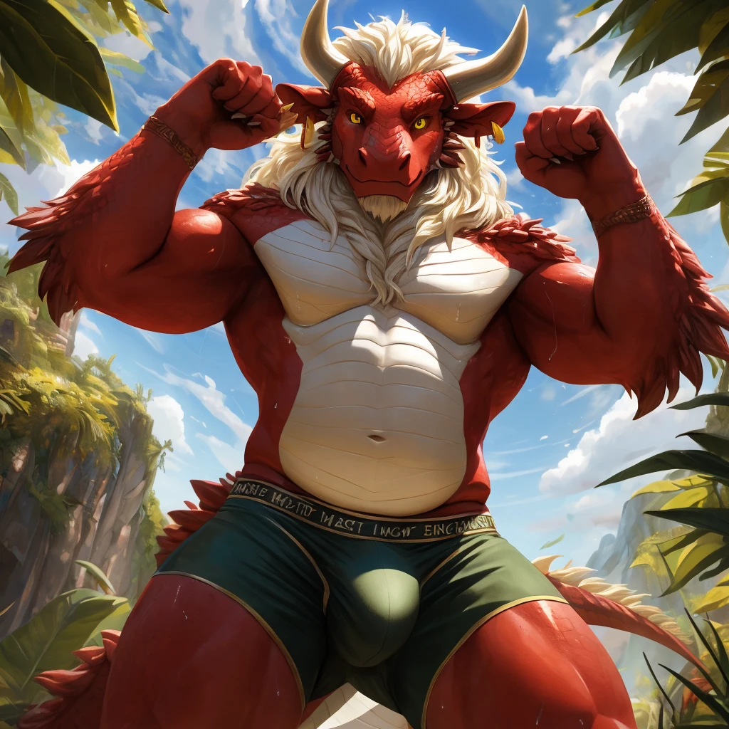 ultra-detailed, masterpiece, masterwork, high quality, best quality, hdr, (nature), nsfw, male, solo, dragon, ((bulge underpants)), (little red body minotaur), (white chubby body), (long golden hair, yellow eyes, cool eyes), standing, cross your arms, from below, dynamic angle, earrings, sweat