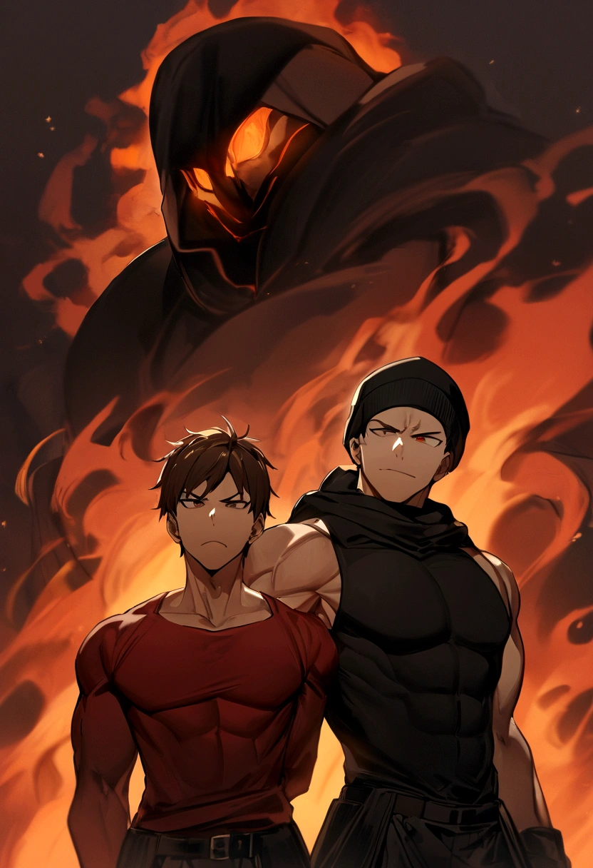 in an image, two boys appear: (A boy (muscular man with short black hair without a hat and with a red shirt) and at his side another boy (medium long brown hair has a black beanie hat, he has black clothes) and they are both in a background of fire, both of them have an angry face, smiling. )