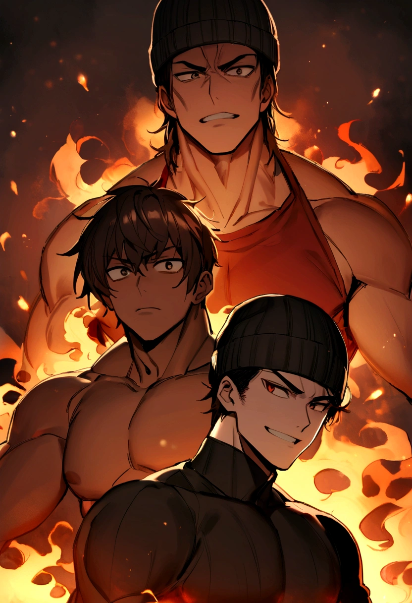 in an image, two boys appear: (A boy (muscular man with short black hair without a hat and with a red shirt) and at his side another boy (medium long brown hair has a black beanie hat, he has black clothes) and they are both in a background of fire, both of them have an angry face, smiling. )