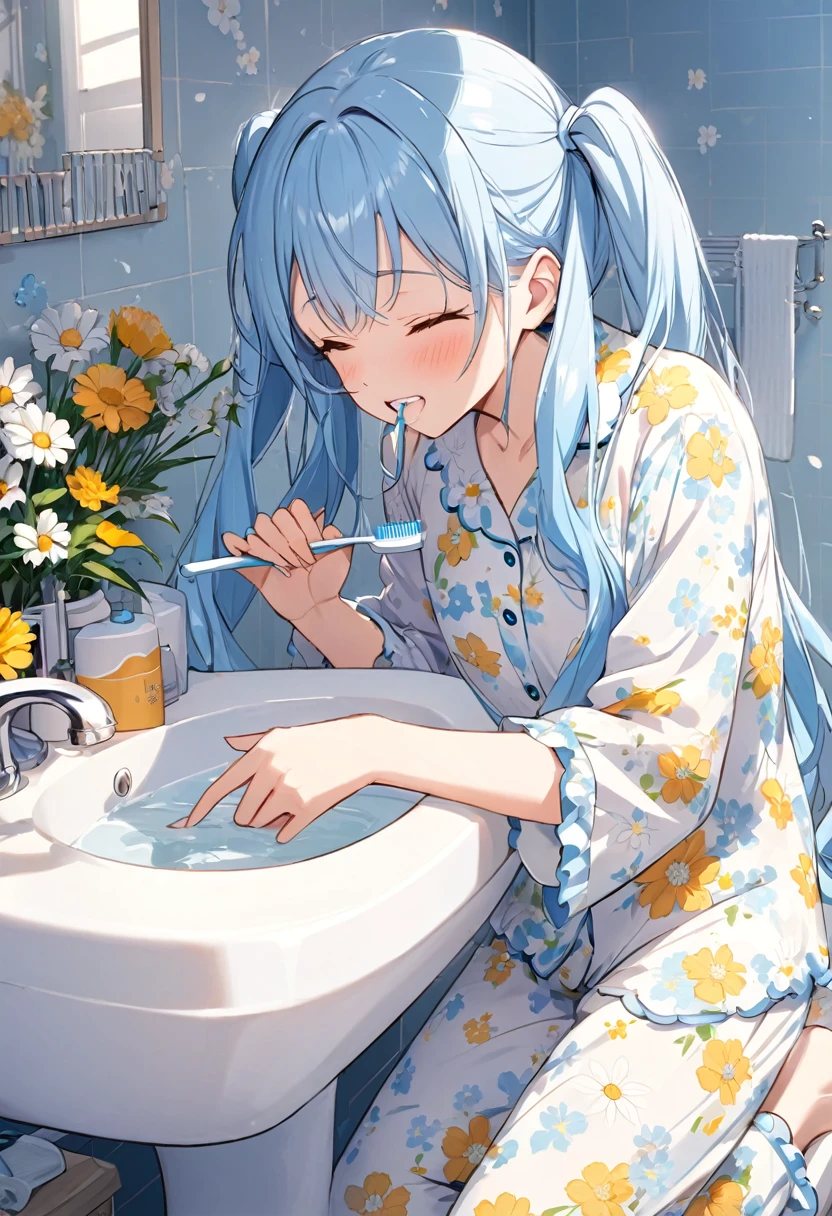 Brushing your teeth Have a toothbrush Light blue long hair Beautiful girl with twin tails Just woke up A bright, sunny washstand White floral pajamas、There are lots of flowers around