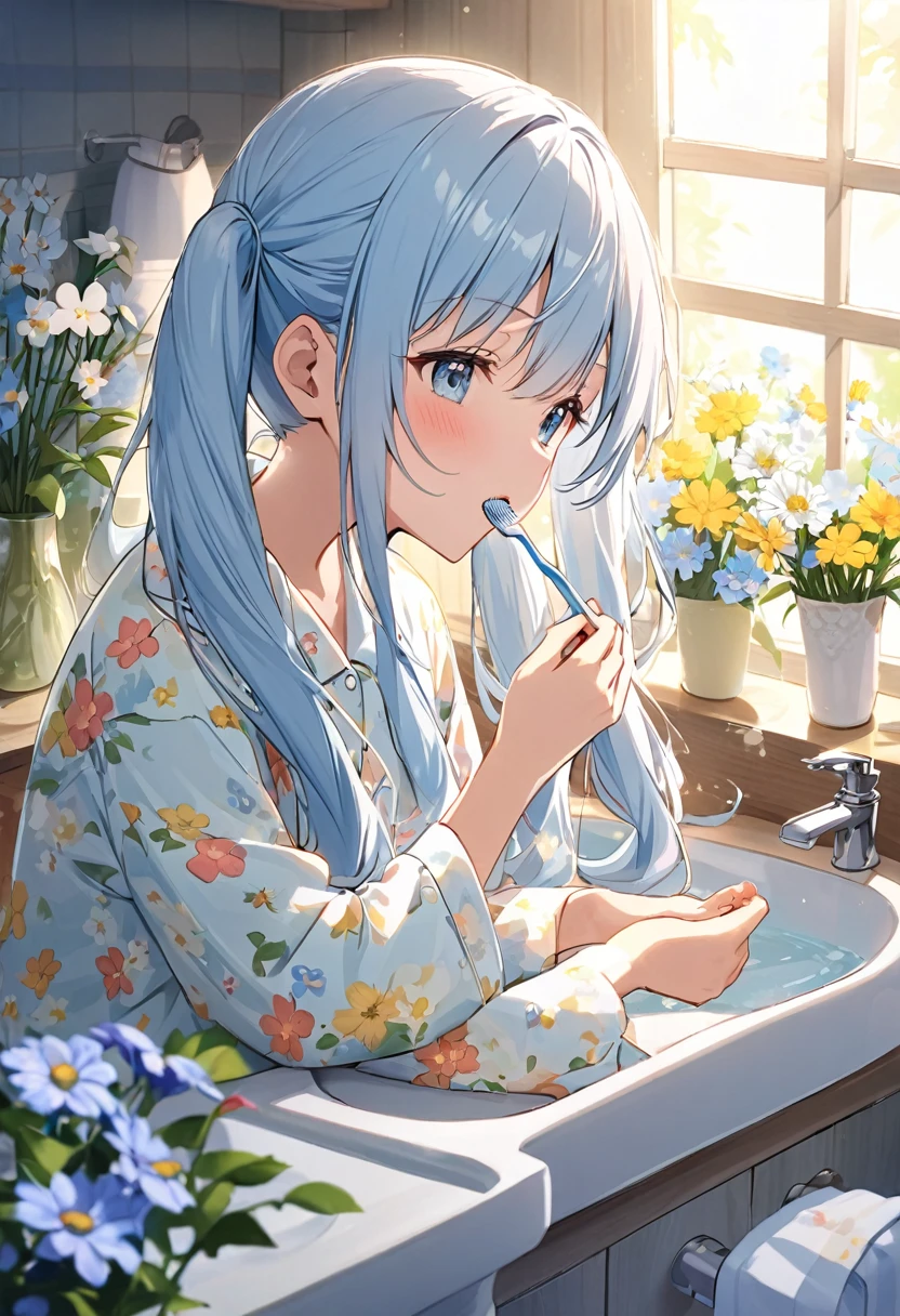 Brushing your teeth　Have a toothbrush　Light blue long hair　Beautiful girl with twin tails　Just woke up　A bright, sunny washstand　White floral pajamas、There are lots of flowers around　