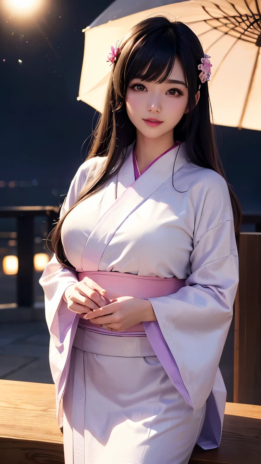 (logo、masterpiece、8K、Tabletop、RAW Photos、wonderful、最high quality、フォトリアリスティックでVery detailedな CG 複合 8K 壁紙、high quality、Very detailed、Narrative poem、Particle Effects、Dynamic Effects、Depth of the Boundary、Cinematic Light、Lens flare、Ray Tracing)、 (One beautiful woman wearing a yukata、White yukata、Light purple pattern)、Black-haired、High definition skin、Very fine、Fine skin texture、Beautiful Face、True Face、Beautiful details in the eyes、Realistic eyes、Beautifully detailed eyes、Realistic Skin、Beautiful Skin、Surreal、Smiling Eyes、Hair and light eyes、vivid、Colorful lights and bokeh、plump lower lip、Pink Lips、Hair flutters in Wind、Hair bounces、wonderful景色、night、evening、Wind、moonlight、moonlight、light