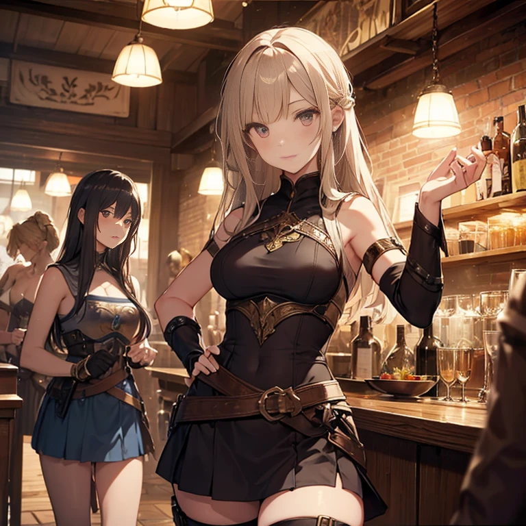A group of female medieval fantasy adventurers, (in tavern), various hair styles, harem, night, details face, short skirt, seducing, sleeveless, armor