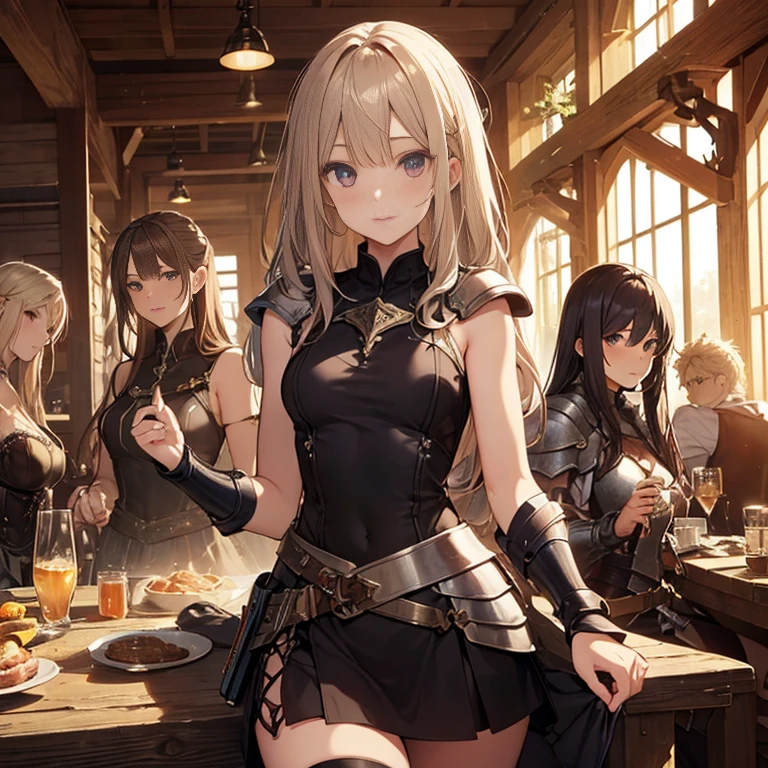A group of female medieval fantasy adventurers, (in tavern), various hair styles, harem, night, details face, short skirt, seducing, sleeveless, armor