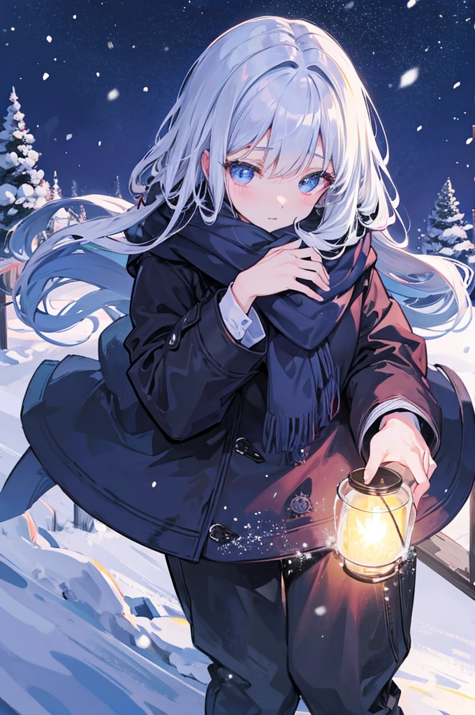 winter night dark woman Scarf Light Town face down turn around wave hands snow Bob coat
