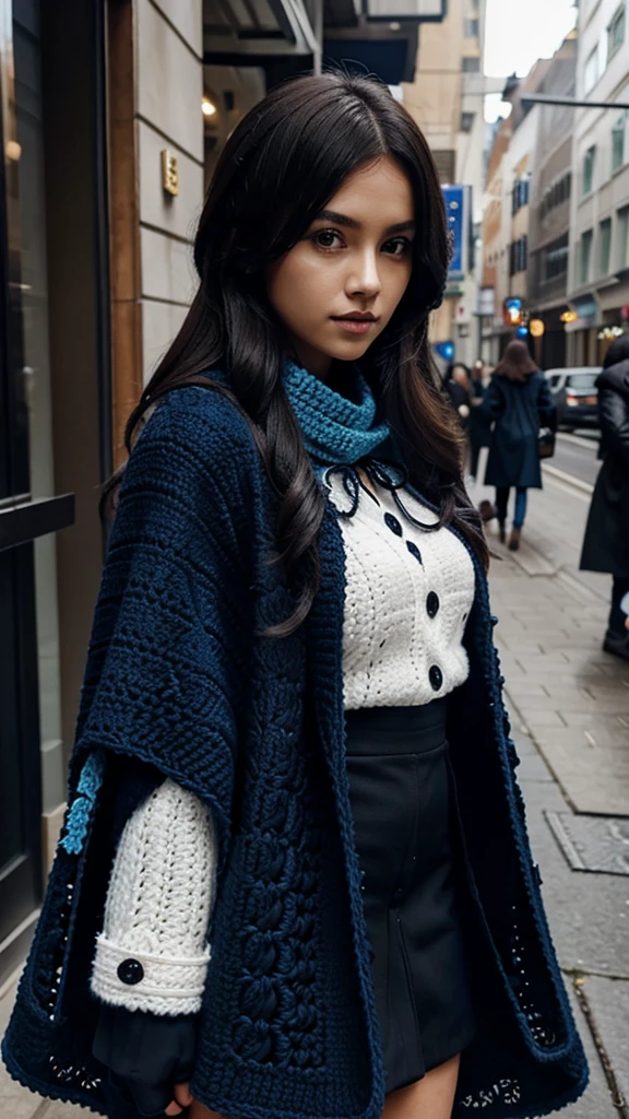 Crochet cape-style coat, blue and black reminiscent of anime clothing
