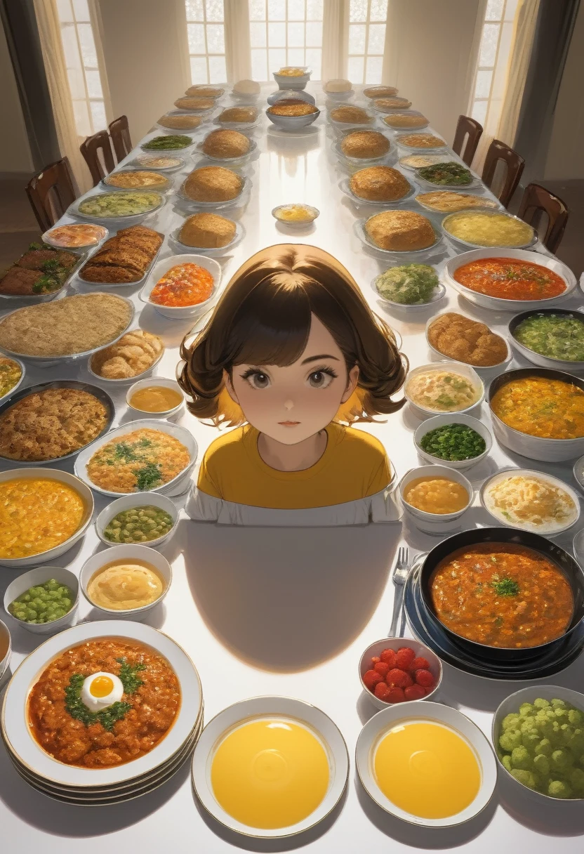 She organizes the food the only dish on the table, meticulously