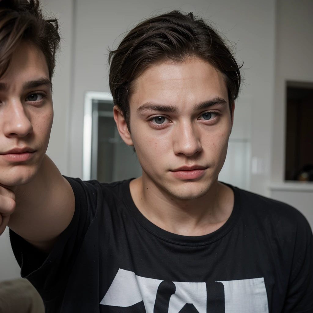 hyperrealistic man Chico Lachowski 18 years old, blonde hair, Blue eyes, in a black T-shirt, take a selfie. He looks very tired, (short hair), night, very dark, one-handed selfie, skin imperfections, skin imperfections 1.33, sleepy, frank vibes, ((low quality selfie photo))