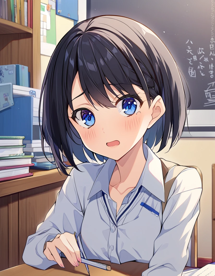 one girl, black hair, short hair, blue eyes, high school student, naive, boyish