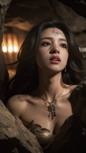 Masterpiece, Artgerm (Stanley Lau) style, mystic (middle east) aesthetic, best quality, ultra realistic, 16k, crazy resolution, UHD, ultra-detailed, detailed eyes, detailed skin, detailed hair, detailed face, detailed fabric, detailed texture, ( 1 beautiful young woman, alone: 1.1), medium light black hair with ponytail, hot, vibrant blue eyes, pale white skin, portrait, rocker clothes, High detail RAW color art, (detailed skin, skin texture), (Muscle) detail, sharp focus, dramatic and photorealistic painting art of midjourney, natural breasts, (sideboob:1.2), jewelry, (realistic eyes), cowboy shot, V-shaped real eyes, ((hourglass shape)), hot naked, ( Blurred in vibrant cinematic light), atmosphere warm, Show all, ultra-detailed, fine details, nude, narrow waist, (proportional) big hips, thick thighs, sexy, Natural Color Lip, face with expression of pleasure and tiredness, different sensual poses in different angles, dark room gothic with cinematic lights (blurred background)、20 years old、dream atmosphere