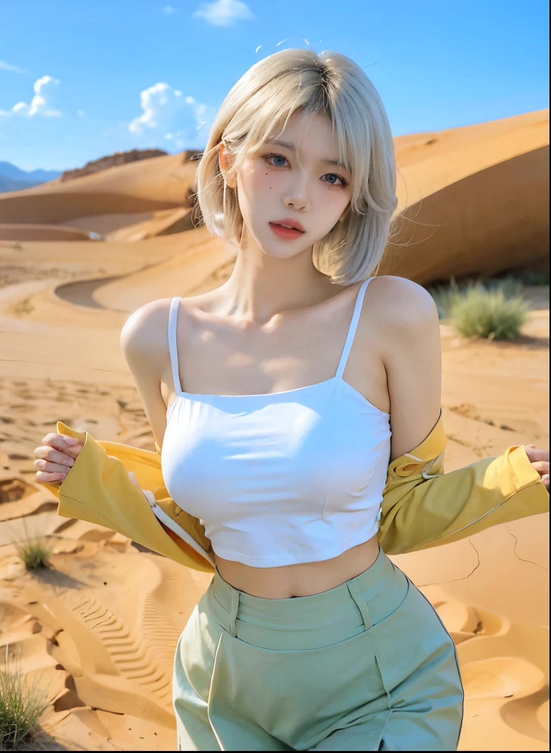 Beautiful woman with perfect figure:1.4,Ultra-high resolution,Seductive laughter,wear glasses,Desert Background,(lifelike:1.4),Layered Hairstyle,White皮肤,Super short pleated skirt,whole body,Very delicate face and skin texture,Double eyelids,Skin Whitening,Long hair,White hair,White,