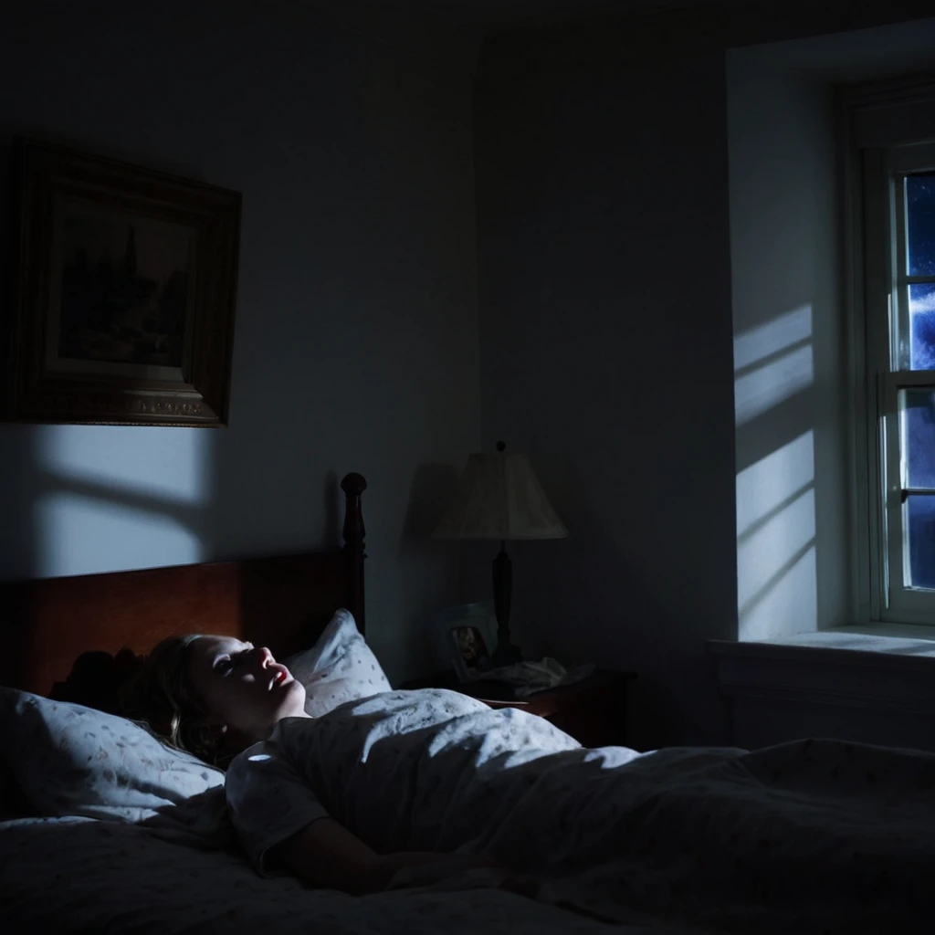 Scene of a bedroom at night, lit only by the light of the moon coming in through the window, creating long, distorted shadows.
Close-up of a (lying in bed) waking up with an expression of confusion and fear.