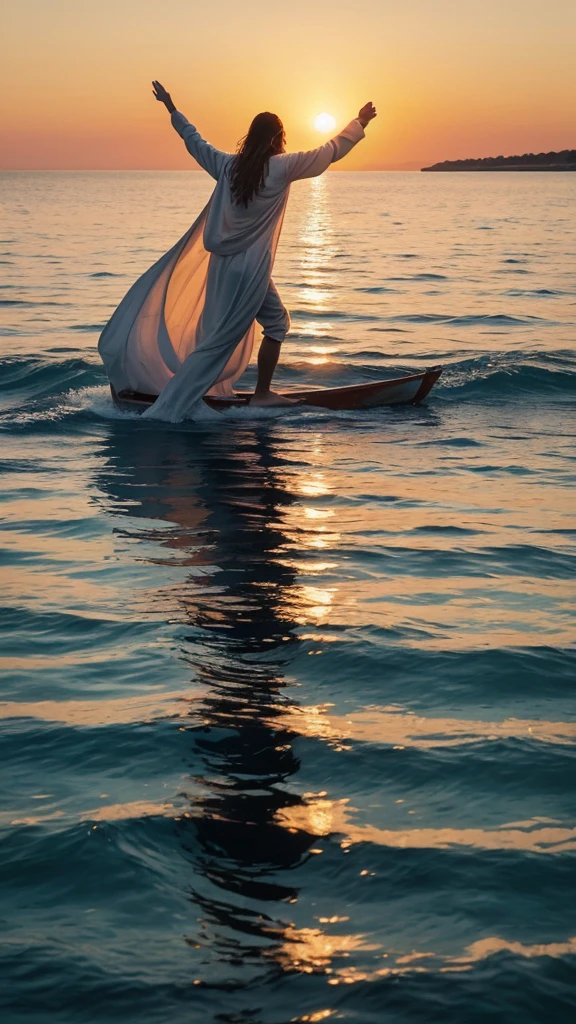 This image depicts a painting of a boat with a person standing in the water in telephoto. It is Jesus Christ walking on water with his arms outstretched upwards worshiping heaven. The scene is peaceful, with clouds in the sky combining the colors sky blue and sunset orange and a sense of tranquility. The colors of the painting are mainly earth tones, with warm orange accents.