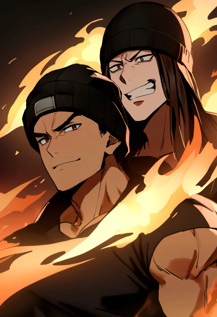 in an image, two boys appear: (A boy (muscular man with short black hair without a hat and with a red shirt) and at his side another boy (medium long brown hair has a black beanie hat, he has black clothes) and they are both in a background of fire, both of them have an angry face, smiling. )