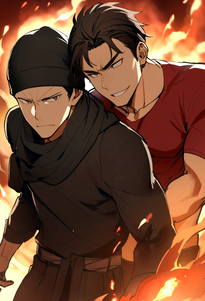 in an image, two boys appear: (A boy (muscular man with short black hair without a hat and with a red shirt) and at his side another boy (medium long brown hair has a black beanie hat, he has black clothes) and they are both in a background of fire, both of them have an angry face, smiling. )