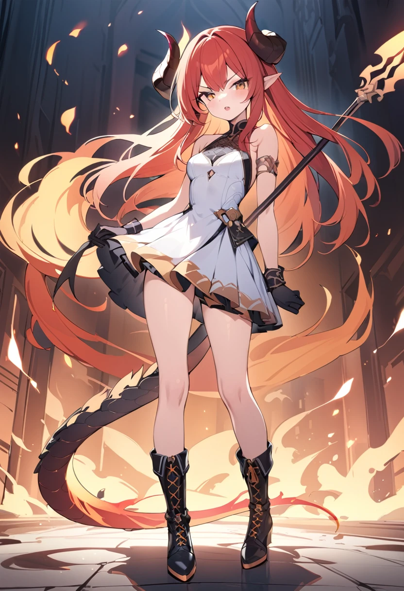 (masterpiece:1.2), (highest quality:1.2), 1girl, fire, solo, tail, horns, dragon-tail, dragon-girl, orange-hair, gloves, dress, holding-polearm, dragon-horns, white-dress, looking-at-viewer, black-gloves, standing, bare-shoulders, full-body, red-hair, bangs, open-mouth, armlet, breasts, brown-eyes, scales, small-breasts, black-footwear, fiery-hair, hair-between-eyes, sleeveless, skirt, sleeveless-dress, jewelry, v-shaped-eyebrows, boots, orange-skirt