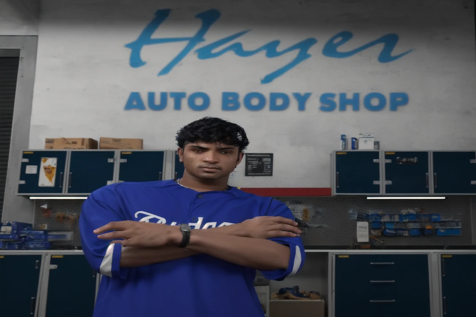 arafed man in a blue baseball uniform standing in front of a store, full body shot hyperdetailed, upper body avatar, as a character from gtav, hyperdetailed photorealism”, standing in his cluttered garage, wayne haag, whole body highly detailed, highly detailed upper body, close full body shot, jay naylor, full body shot, mid body shot