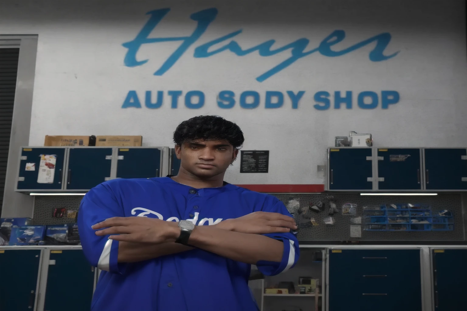 arafed man in a blue baseball uniform standing in front of a store, full body shot hyperdetailed, upper body avatar, as a character from gtav, hyperdetailed photorealism”, standing in his cluttered garage, wayne haag, whole body highly detailed, highly detailed upper body, close full body shot, jay naylor, full body shot, mid body shot