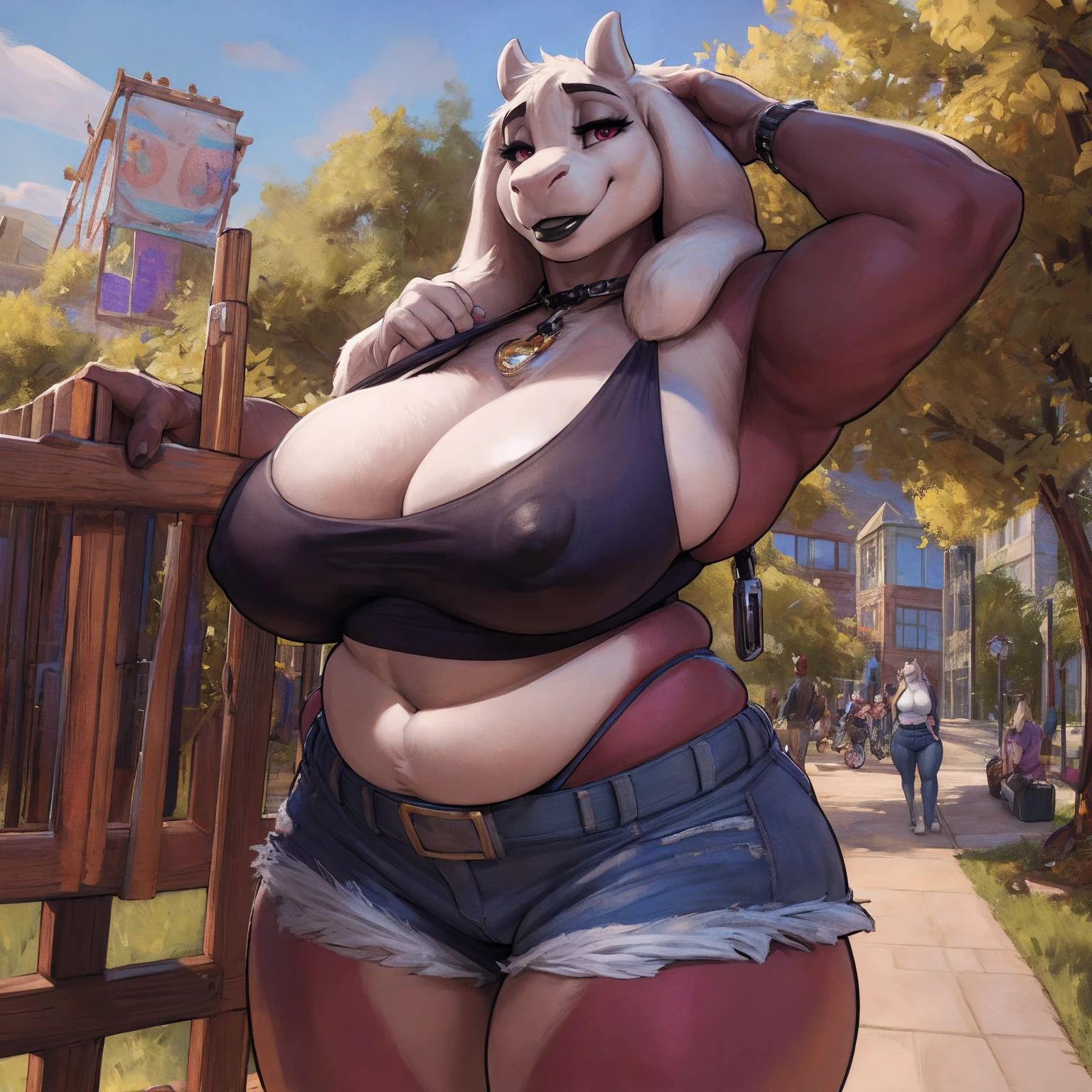 by darkgem, by duase, by bng, solo, 1girl, toriel, maroon eyes, female, older woman, furry body, chubby, heavyset, broad shoulders, wide body, wide hips, thick thighs, big arms, heavy breasts, nipple outline, highly detailed eye, (black pupil:1.3), milf, tank top, (bare midriff:1.3), cleavage, large areolae, denim cutoffs, visible thong straps, Masterpiece, best quality, absurd res, highly detailed, cleanly drawn eyes, park environment, standing upright, cute smile, big bottom lip, black lipstick, casual posture, 