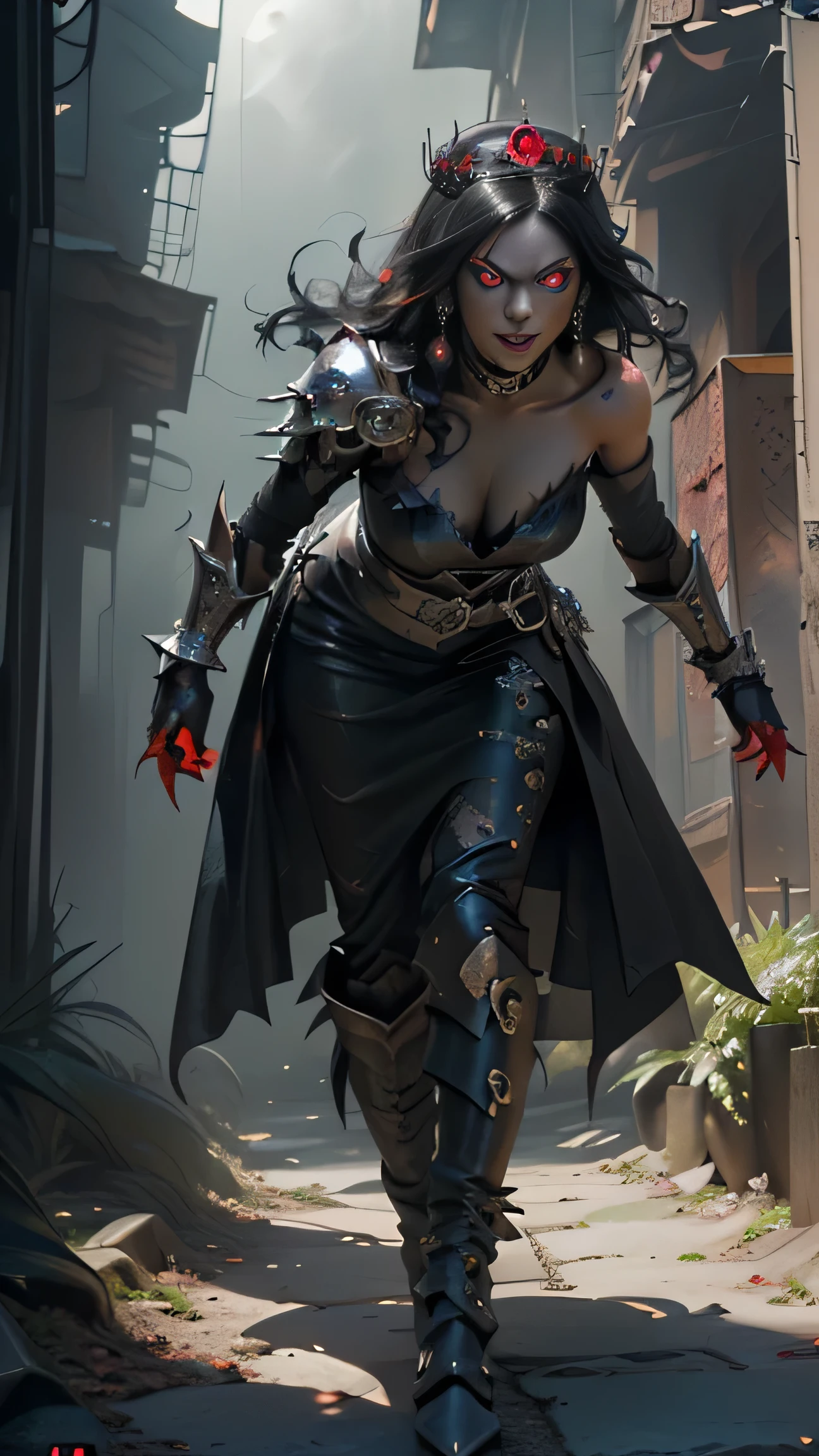 (best quality, high resolution, realistic:1.37), eerie, dark, horror, 3/4 portrait, of a beautiful female vampire:1.3, (((has highly detailed glowing:1.3 red:1.31 intense eyes:1.32):2, (((facing the viewer))):1.3, with feral, sharp teeth:1.33, and an (evil smile:1.3):1.6, the look of amusement on her face, she is a sadist, who feeds on fear, a supernatural being, she is hauntingly beautiful, an evil huntress, she's (((wearing a crown of polished, spiked obsidian))),(((and intricate black and crimson, leather armor with silver plating))). (((Her (red glowing eyes) burn brightly))), she's the demon goddess:1.32, evil incarnate, the mother of evil, shadowy atmosphere, eerie mist, forest setting, moonlit night, subtle glow, god rays through the clouds, chilling presence, tense mood, otherworldly aura, stunning creature of nightmares, fantastical, macabre, unnerving, detailed textures, human-like expressions, wild and untamed, hauntingly symmetrical, ethereal, sinister elegance, ominous presence, eerie stillness, she enjoys causing fear, with her (glowing:1.3 red:1.4 eyes):1.9,(((cinematic movie still, masterpiece, best quality, absurd resolution, 8k, Monte Carlo Ray Tracing:1.2, path traced subsurface scattering))), (((HDR, UHD, volumetric lighting, Unreal Engine 5, Unity Engine, Blender, octane render))), (((exquisite subject composition and use of lighting:1.4, exceptional, award-winning shading:1.38, sharp focus:1.35, low angle, ominous mood,))) (((facing the viewer:1.3, repeat positive prompts, repeat negative prompts))), (((HDR, 8k, UHD 8K resolution, wide-angle lens, (low angle:1.3), 3/4 shot, 3/4 portrait, photograph, absurdres))), (((maximum detail, photorealistic, realistic, ultra-realistic))), (((she is facing the camera with her shoulders paralell to the viewer, stepping towards the camera:1.5, moving forward towards the camera, walking to the camera))):2