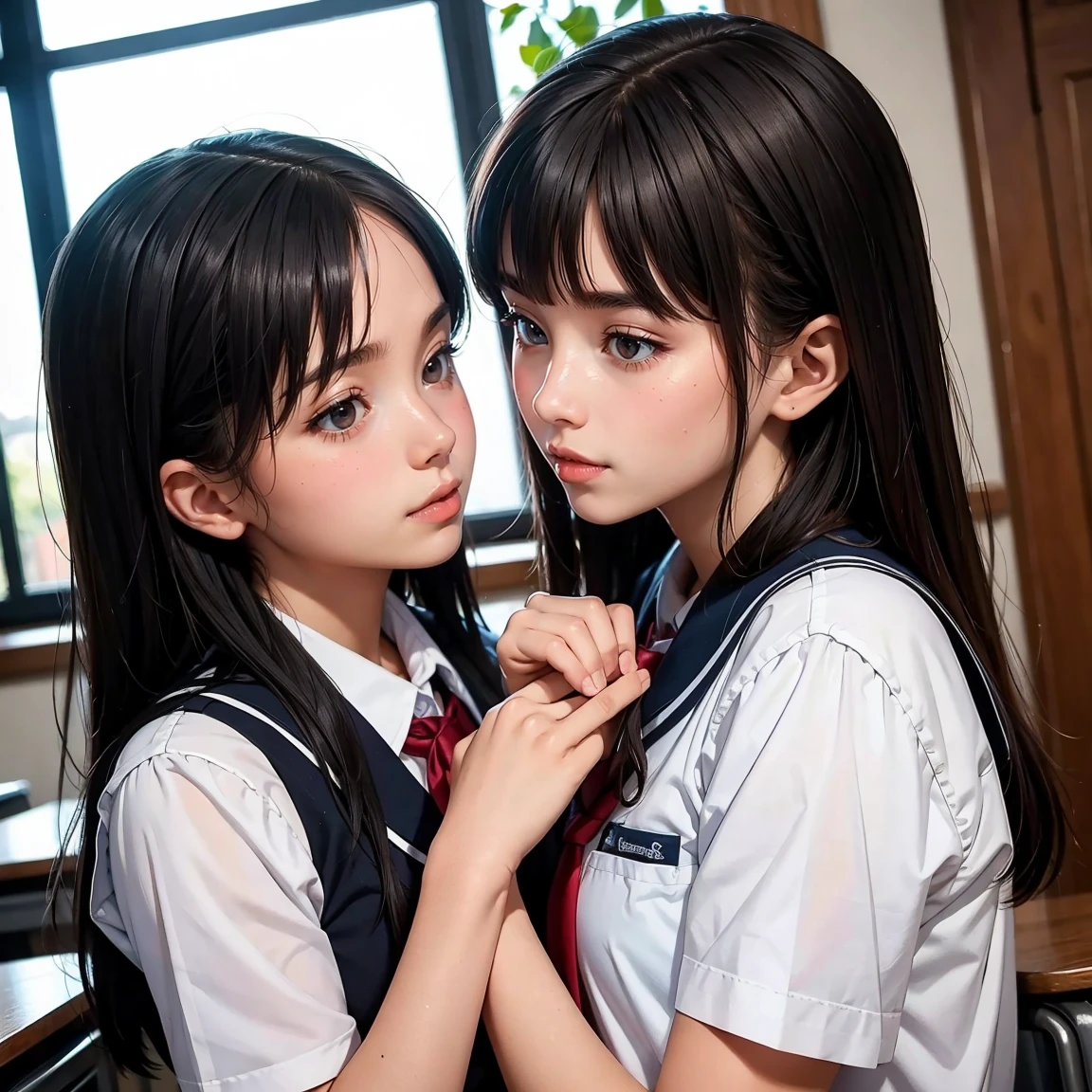 (masterpiece, best quality), perfect anatomy, perfect hands, two school girls are deeply in love with each other