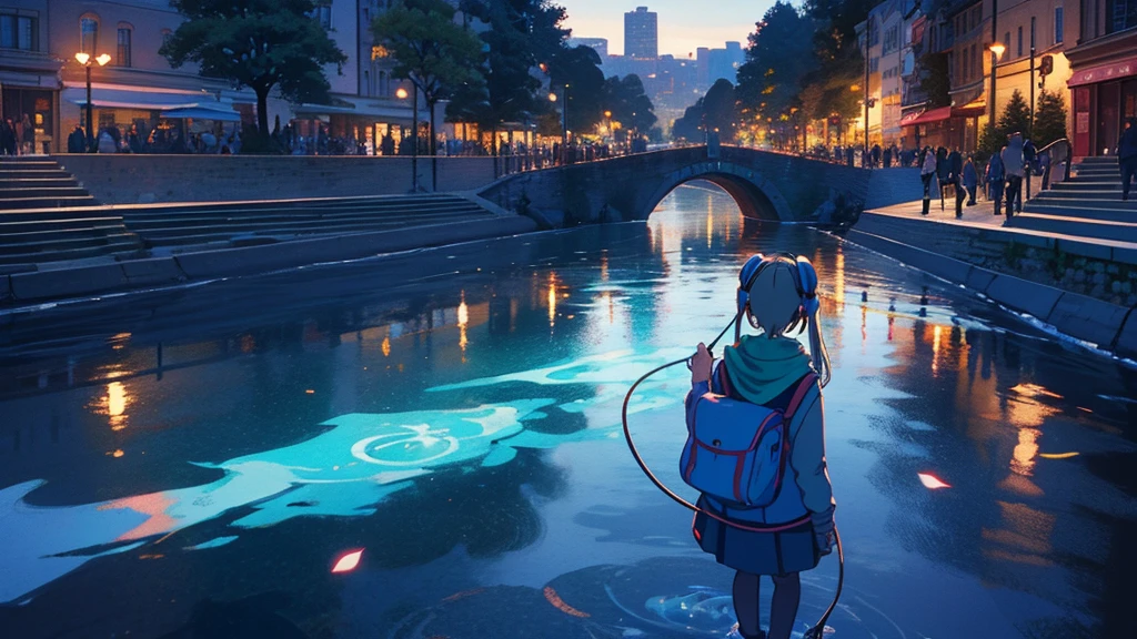 European cities、Climbing the stairs at night、Girl with headphones Ghibli style、anime