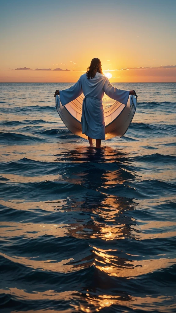 This image depicts a painting of a boat with a person standing in the water in telephoto. It is Jesus Christ walking on water with his arms outstretched upwards worshiping heaven. The scene is peaceful, with clouds in the sky combining the colors sky blue and sunset orange and a sense of tranquility. The colors of the painting are mainly earth tones, with warm orange accents.