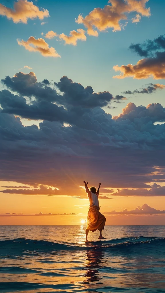This image depicts a painting of a boat with a person standing in the water in telephoto. It is Jesus Christ walking on water with his arms outstretched upwards worshiping heaven. The scene is peaceful, with clouds in the sky combining the colors sky blue and sunset orange and a sense of tranquility. The colors of the painting are mainly earth tones, with warm orange accents.
