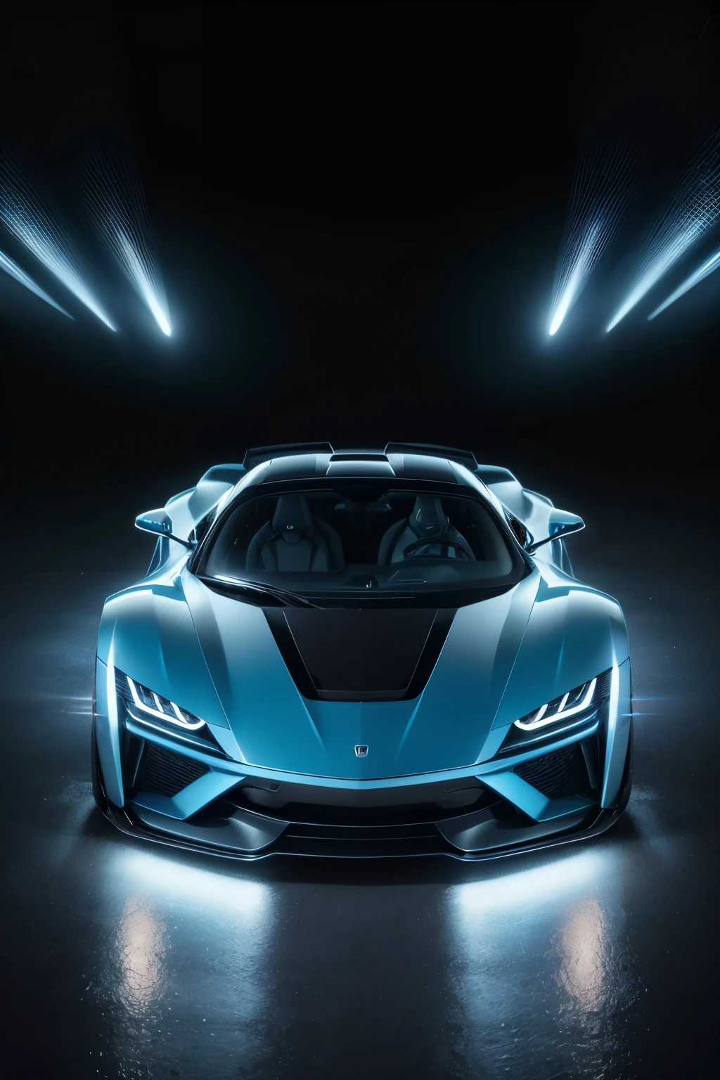 "Create an image of a futuristic car that is translucid and transparent with blue hues, showcasing advanced technology. The car should have a sleek and modern design, with visible internal components that highlight its technological sophistication. The blue lighting and transparency should emphasize the car's high-tech features, giving it a cutting-edge and innovative appearance. The environment should complement the car's advanced design, possibly set in a high-tech cityscape or a futuristic showroom."

