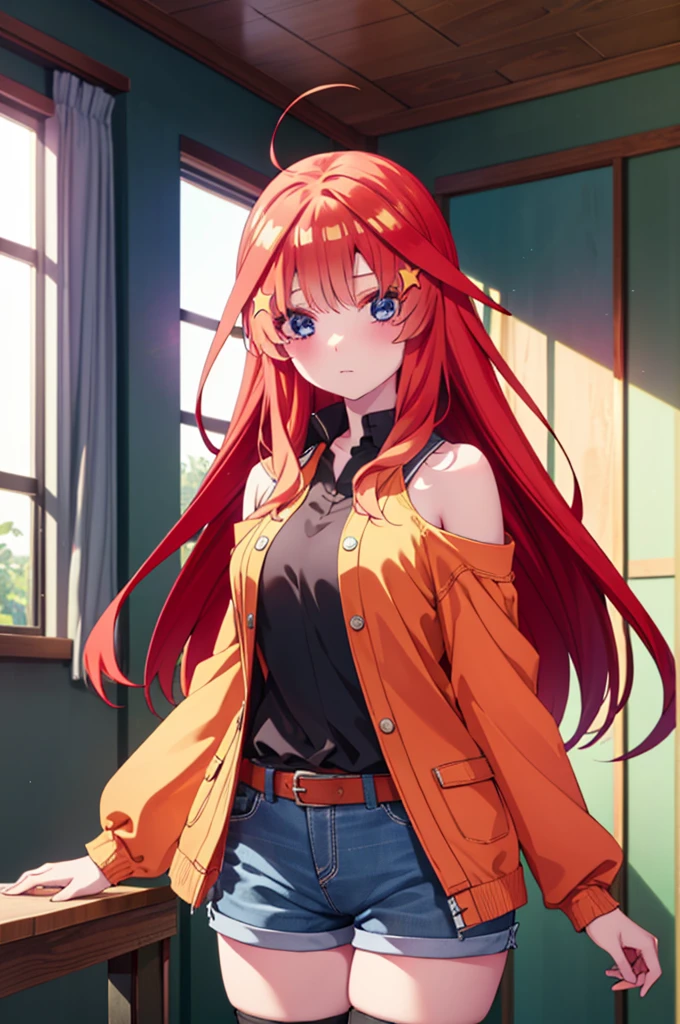 itsukinakano, itsuki nakano, bangs, blue eyes, Hair between the eyes, Ahoge, Redhead, star \(symbol\), hair ornaments, star hair ornaments,
break thighhighs, boots, Shorts, No sleeve, Bare arms, thigh boots, Red footwear, brown Shorts,
break indoors, classroom,
break looking at viewer, (Cowboy Shot:1.5),
break (masterpiece:1.2), Highest quality, High resolution, unity 8k wallpaper, (figure:0.8), (Beautiful attention to detail:1.6), Highly detailed face, Perfect lighting, Highly detailed CG, (Perfect hands, Perfect Anatomy),