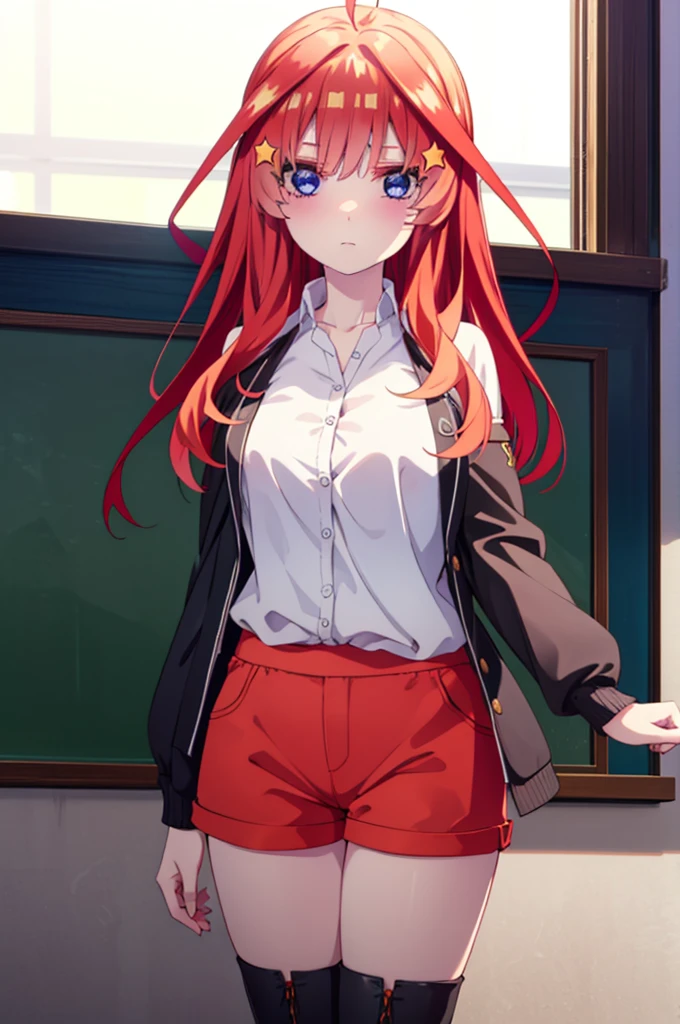 itsukinakano, itsuki nakano, bangs, blue eyes, Hair between the eyes, Ahoge, Redhead, star \(symbol\), hair ornaments, star hair ornaments,
break thighhighs, boots, Shorts, No sleeve, Bare arms, thigh boots, Red footwear, brown Shorts,
break indoors, classroom,
break looking at viewer, (Cowboy Shot:1.5),
break (masterpiece:1.2), Highest quality, High resolution, unity 8k wallpaper, (figure:0.8), (Beautiful attention to detail:1.6), Highly detailed face, Perfect lighting, Highly detailed CG, (Perfect hands, Perfect Anatomy),