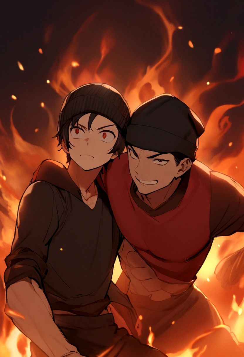 in an image, two boys appear: (A boy (muscular man with short black hair without a hat and with a red shirt) and at his side another boy (medium long brown hair has a black beanie hat, he has black clothes) and they are both in a background of fire, both of them have an angry face, smiling. )