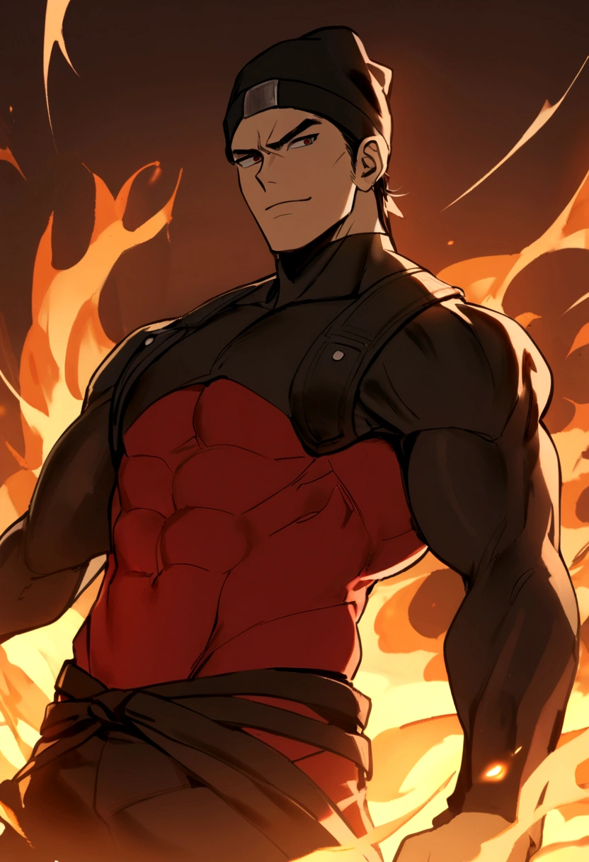 in an image, two boys appear: (A boy (muscular man with short black hair without a hat and with a red shirt) and at his side another boy (medium long brown hair has a black beanie hat, he has black clothes) and they are both in a background of fire, both of them have an angry face, smiling. )