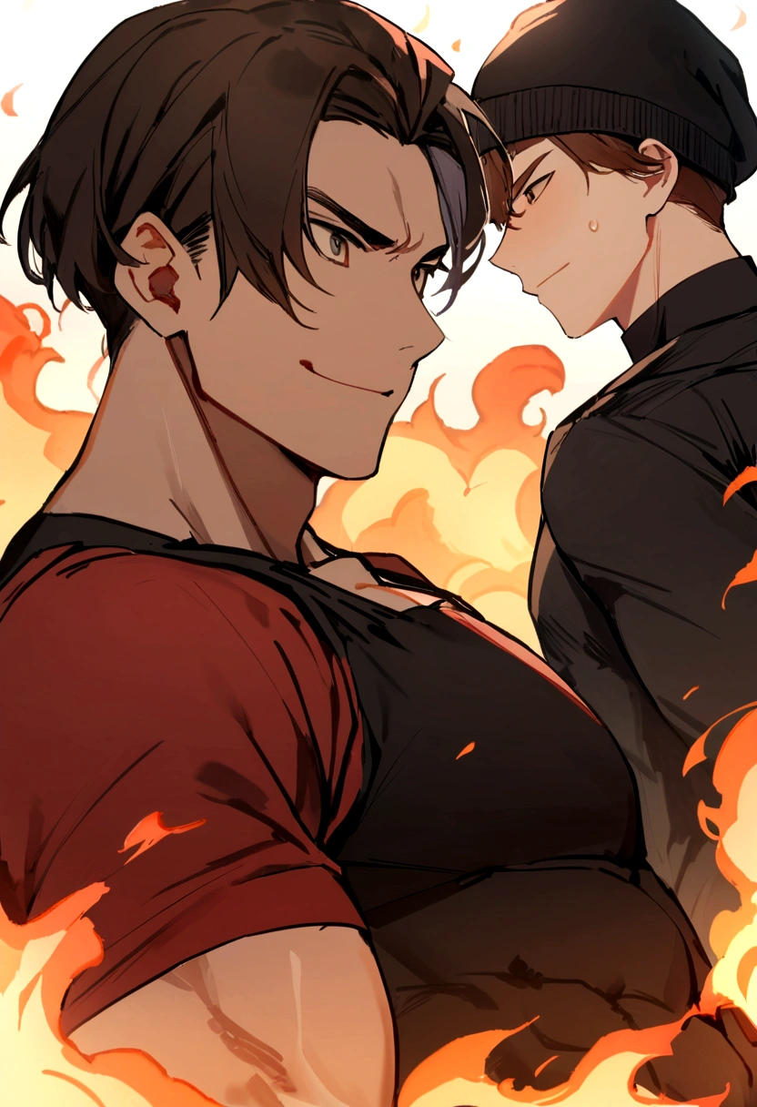 in an image, two boys appear: (A boy (muscular man with short black hair without a hat and with a red shirt) and at his side another boy (medium long brown hair has a black beanie hat, he has black clothes) and they are both in a background of fire, both of them have an angry face, smiling. )