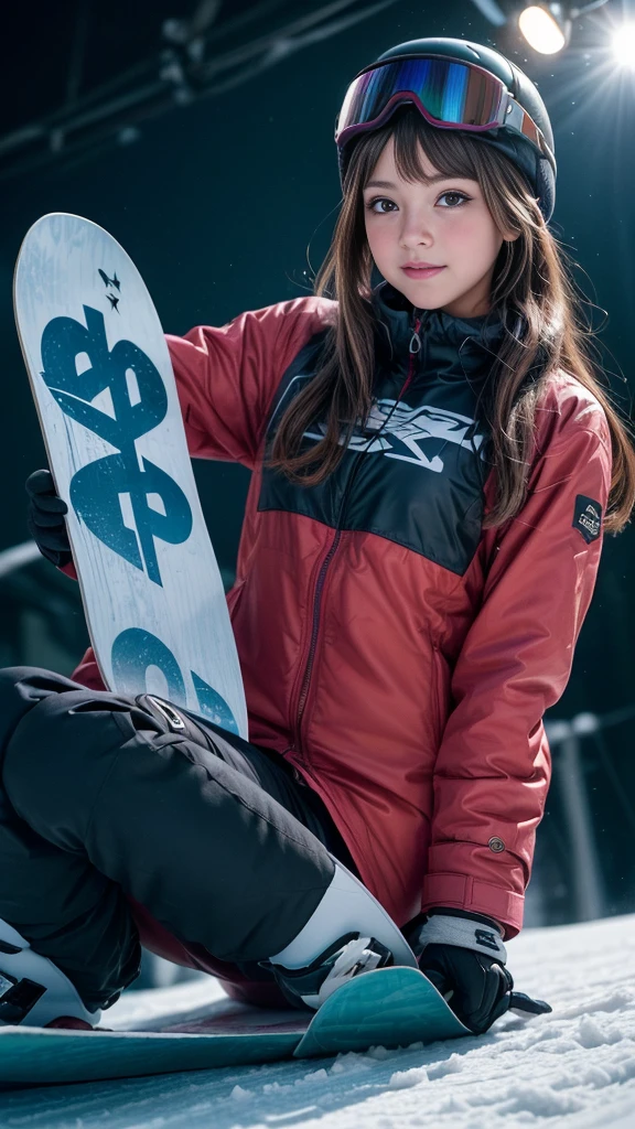 ((A girl playing on the slopes)), (beautiful girl, Cute face), Perfect Style, ((Detailed eyes and face, Professional photography techniques, Cinema Lighting)), Detailed hands, (Highest quality, 8K, masterpiece:1.2, RAW Photos), (Reality:1.4), View the viewer, ((Cute Snowboard Wear:1.2)), (Perfect Anatomy:1.3)