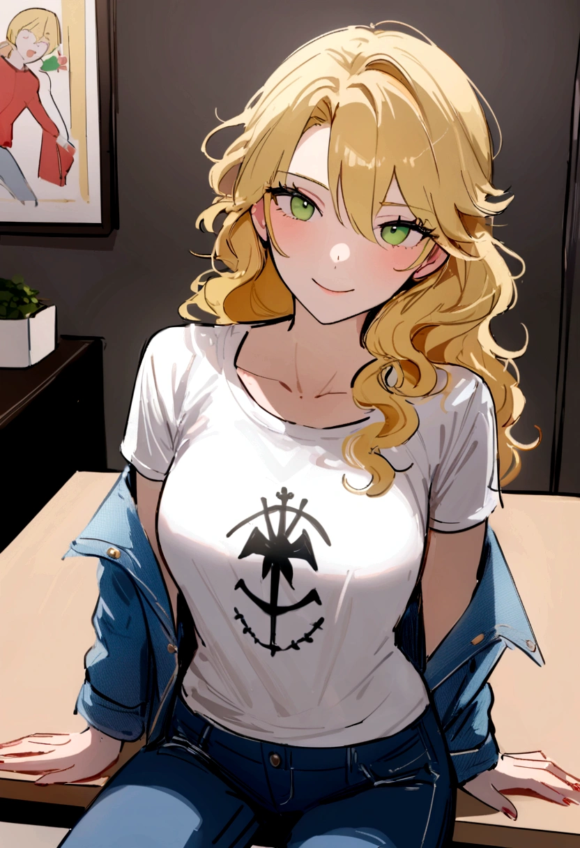 (work of art, best qualityer),1womanl, german, age 45, green eyes detailed wavy hair blonde , heartthrob style, role model, Grinning,  wearing a Navy Merchant VanSalzfestung Ltda t-shirt, pants , and tennis , denim jacket sitting on a table in a room in a luxury apartment in Tokyo Japan, comendo uma torta de maçãs germans 