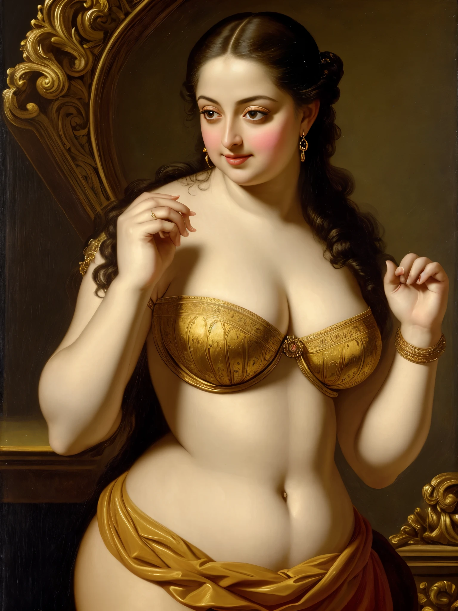Looks like Anushka Shetty, thick figure, heavy physique, Masterpiece, thick figure heavy figure, curvy, voluptuous, sexy navel folds, Best quality, high clarity eyes, critically flawless,sharp picture, Full portrait, High pixels, perfect face, perfect eyes, beautiful face, perfect hands,perfect fingers, in Peter Paul Rubens style, by Peter Paul Rubens, baroque style, acrylic on canvas, highly detailed, description: "Create a nymph inspired by the tales of Greek or Roman mythology, embodying the essence of a natural element or location, and possessing a unique ability or trait that sets her apart.", strapless Bra of ancient times, strapless bralette, armpits showing,