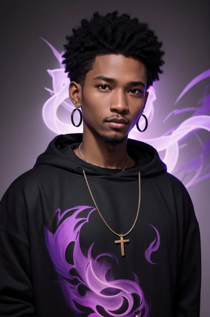 A black man with short curly hair,wearing an earring with a cross ,with a black sweatshirt,wearing an oriental demon mask,with a purple aura around you 