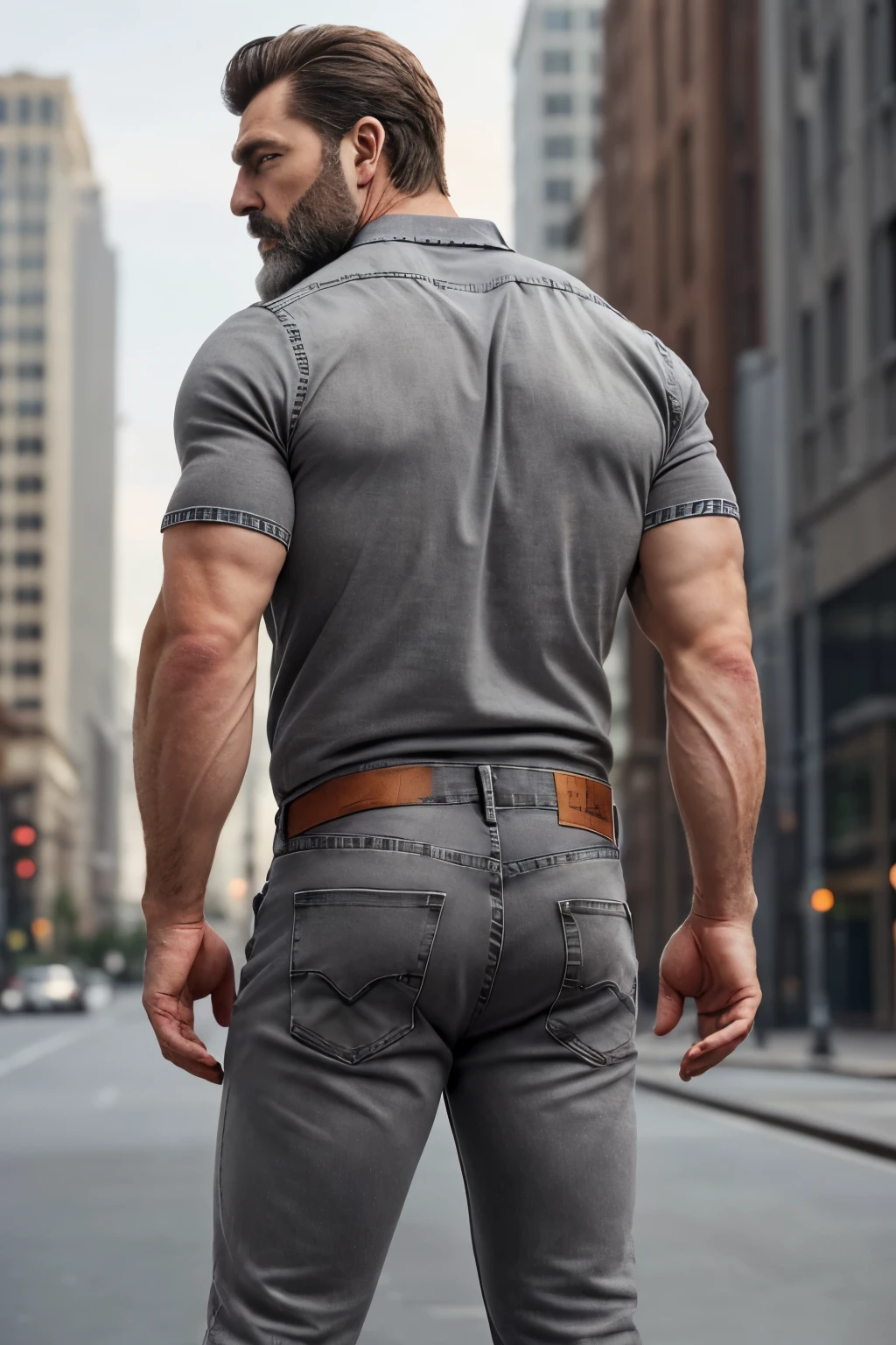 Mature man, very handsome, best quality, shirt formal ((gray jeans), hairy chest , masterpiece, super high resolution, detailed background, reality, , single, 1 boy, muscle man, beard, in the city, muscle, facial hair, volumetric lighting, depth of field, wheezing, raised crotch, handsome action, big dynamics,(((backside))) 