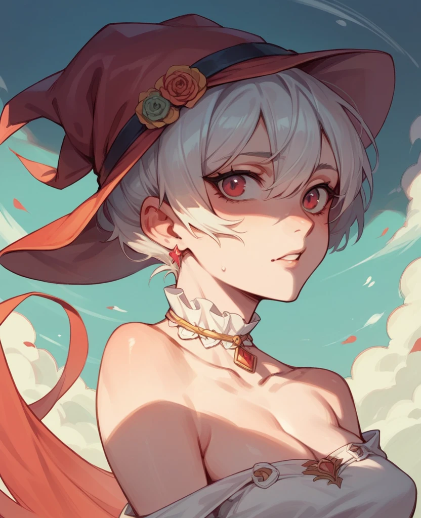 A mature and youthful anime woman, seductive and elegant personality, in a long red and white classy gown, with long sleeve and a really long train attached to her dress, and she is also wearing a hat, pose with a portrait like image, her shoulders up, one hand holding a rose, the other hand stroking her chin gently, and facing towards her from the her back view
