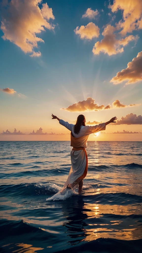 This image depicts a painting of a boat with a person standing in the water in telephoto. It is Jesus Christ walking on water with his arms outstretched upwards worshiping heaven. The scene is peaceful, with clouds in the sky combining the colors sky blue and sunset orange and a sense of tranquility. The colors of the painting are mainly earth tones, with warm orange accents.