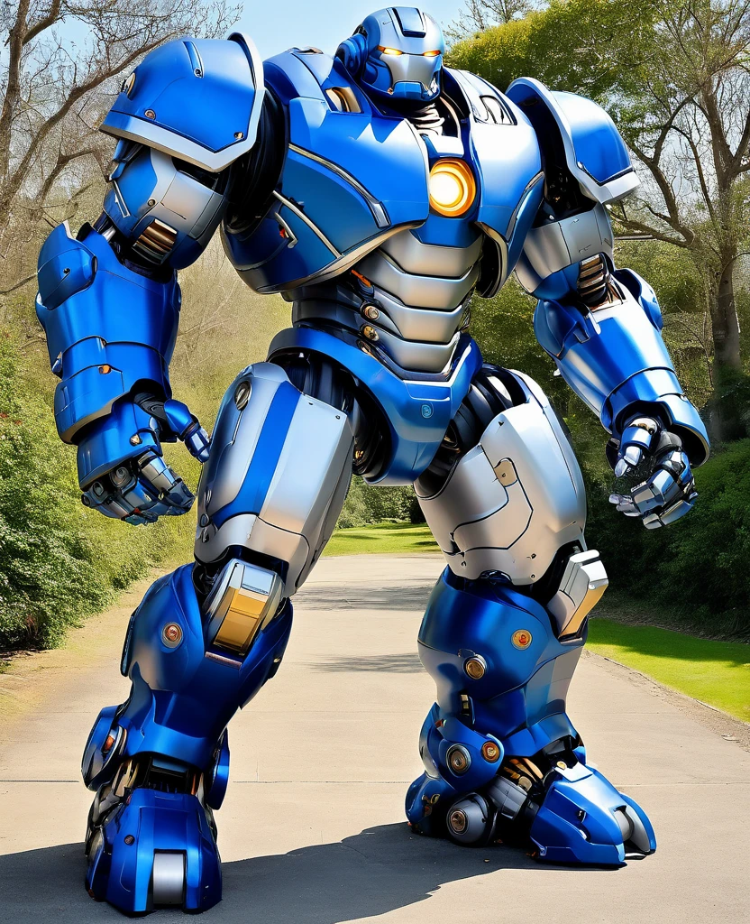 Hulkbuster, giant robot, blue silver robot colour, full body, hulkbuster style,