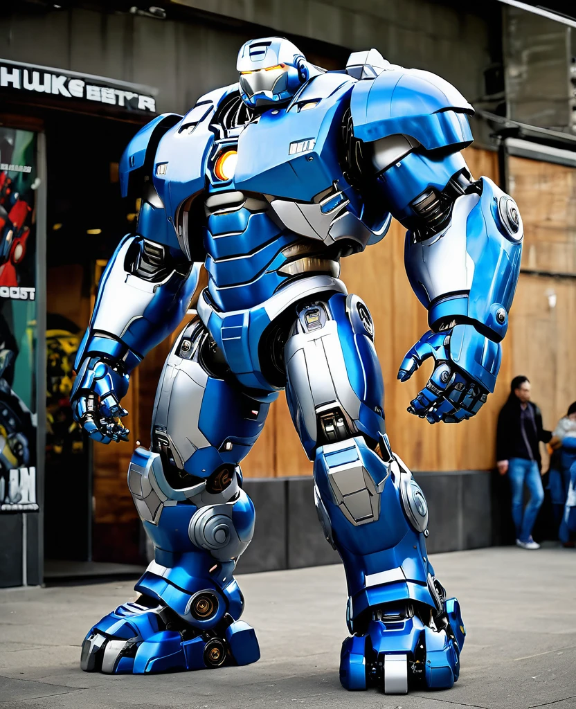 Hulkbuster, giant robot, blue silver robot colour, full body, hulkbuster style,