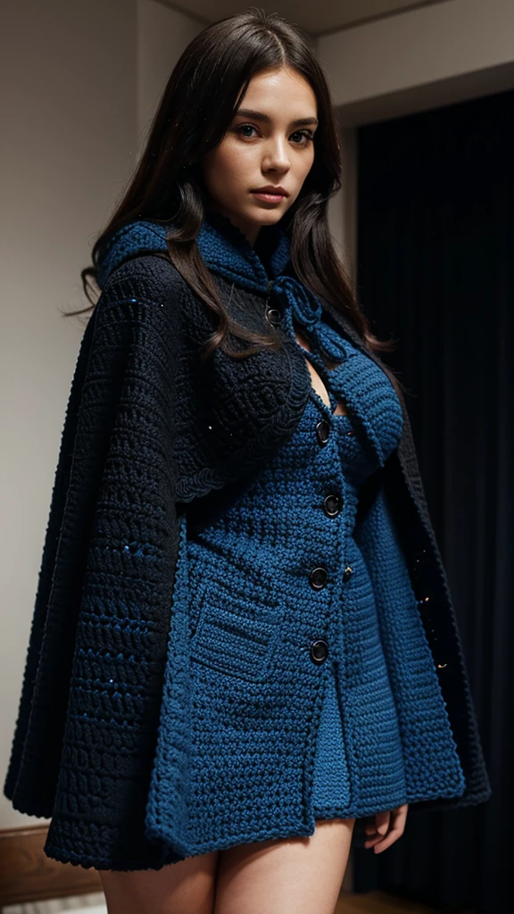 Crochet cape-style coat, blue and black that resembles anime clothes, several models, big breasts